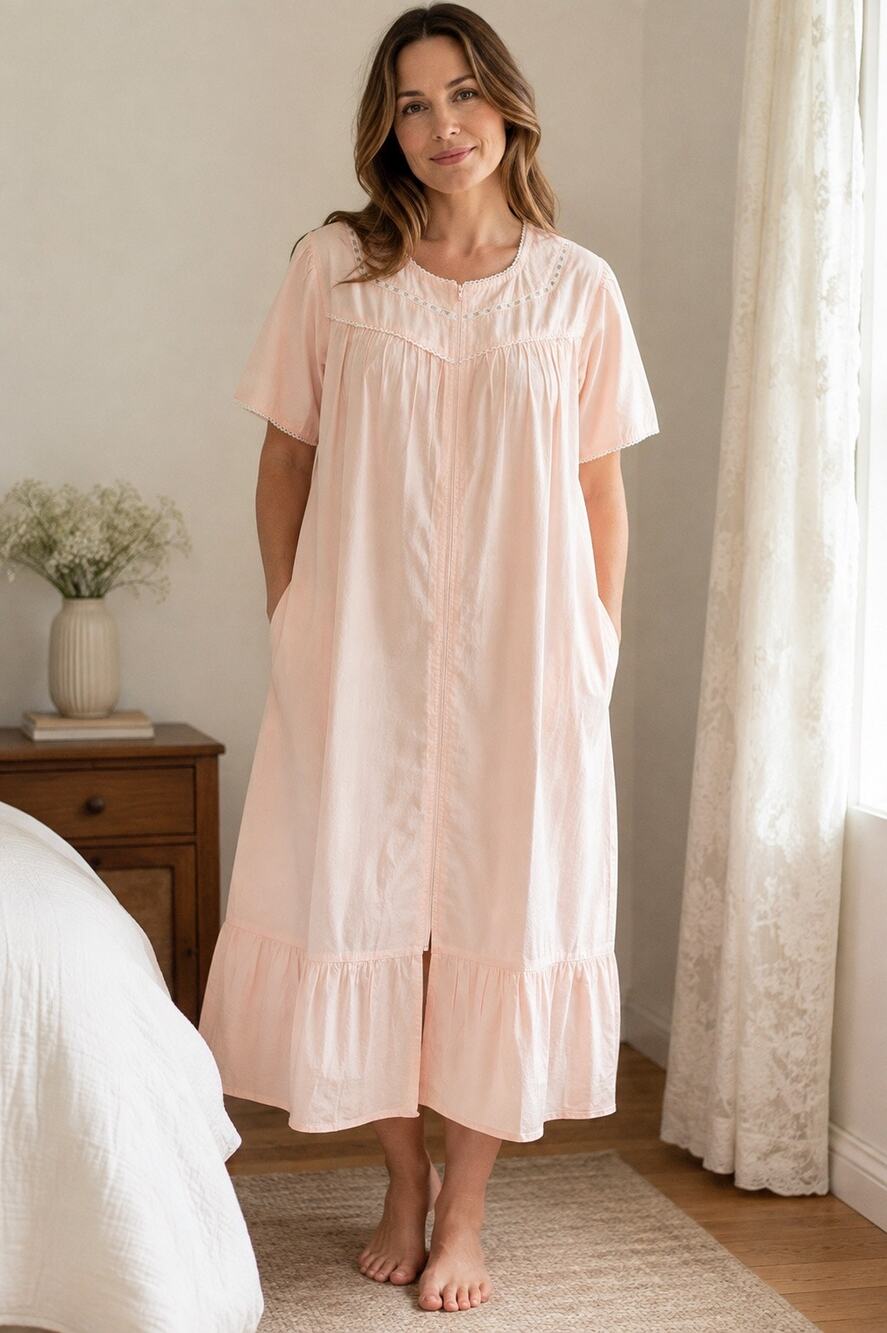 Petite Small NWT 100% Cotton Pink Lace Trim Zip Front House Dress Nightgown